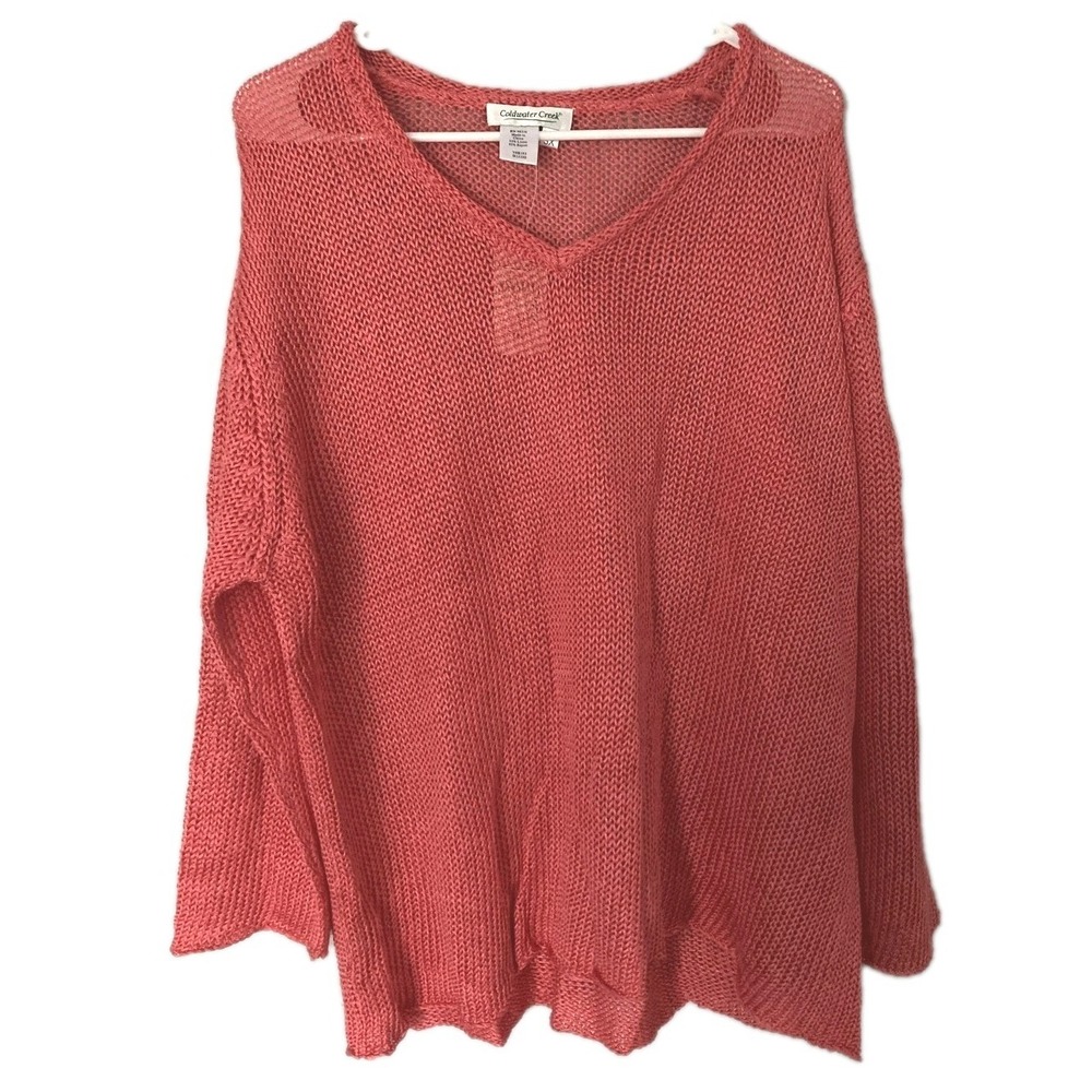 Coldwater Creek Sweater Women 3X Coral Linen/Rayon 3/4 Sleeve V Nk Open Knit NWT
